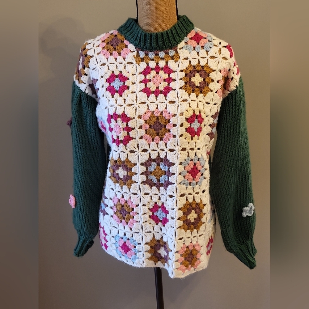 Listicle Medium Green Granny Square Acrylic Sweater Medium